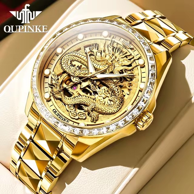 Oupinke 3276 High Quality Elegant Diamond Hollow Out Back Case Dragon Dial Watch Automatic Movement Luminous Mechanical Watches