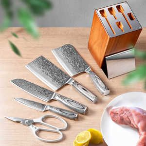 Ensemble de 6 couteaux de cuisine <span class=keywords><strong>Damas</strong></span> avec bloc en <span class=keywords><strong>bois</strong></span>, <span class=keywords><strong>ciseaux</strong></span>, couteau de chef, Santoku, couteau à découper la viande, couteau à désosser, couteau utilitaire, lame en acier VG10 - Product Image 4