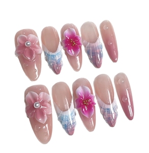 Stokta İlkbahar Pembesi Akrilik Takma Tırnaklar El Yapımı Orta Badem Şeklinde Abs 3D Çiçekli Takma Tırnaklar - Product Image 5