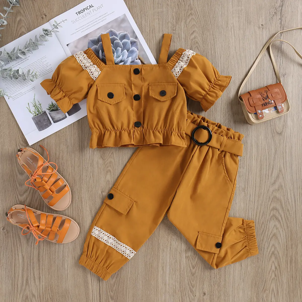 Hot Selling Kids Girls Summer Fashion Clothing Sets Lace one line shoulder top trousers with belt 3pcs outfits for Kids