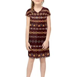 African Indian Tribe Girls Dresses Wholesale Hot Sell Retro Soft Kids Summer Dress Custom Ethnic Style Short Sleeve Tshirt Dress