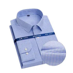 RTS 100% Cotton Men's Blue Small Check Shirt Long Sleeve Wrinkle Free Non Iron Dress Shirt For Men