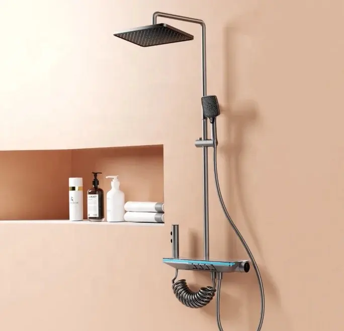 Intelligent bathroom constant temperature LED digital display piano key pressurized shower gun gray shower set thermostatic
