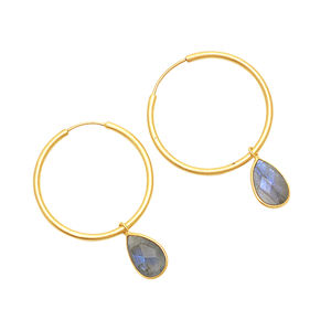 Solid 925 Sterling Silver <b>French</b> Hoop Earrings Trendy Pear Shape Labradorite Gemstone Gold Plated Designer Jewelry for Weddings - Product Image 1