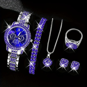 Ensemble de bijoux de luxe pour femmes, montre en cristal bleu, bracelet, collier, boucles d'oreilles, ensemble cadeau - Product Image 2