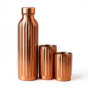 Handcrafted Copper Water <b>Bottle</b> and Two Cups Set Ribbed Fluted Metal Travel <b>Flask</b> with Lid Portable - Product Image 1