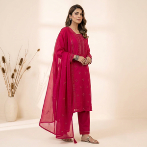 Ensemble Kurta Palazzo en Soie Romaine Brodé avec Dupatta, Tenue Traditionnelle Indienne et Pakistanaise pour Femme, Coupe Classique, Longueur Cheville - Product Image 1