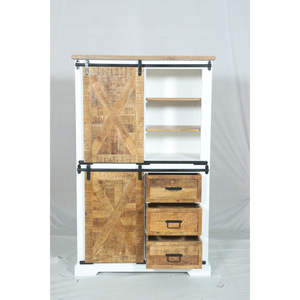 Armoire de rangement Muro en bois blanc et naturel avec portes coulissantes et organiseur de tiroirs - Product Image 4