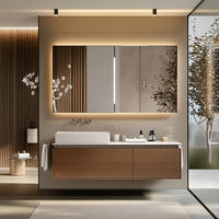 Meuble-lavabo mural en bois italien à grain naturel avec miroir LED intelligent et armoire personnalisable pour salle de bain