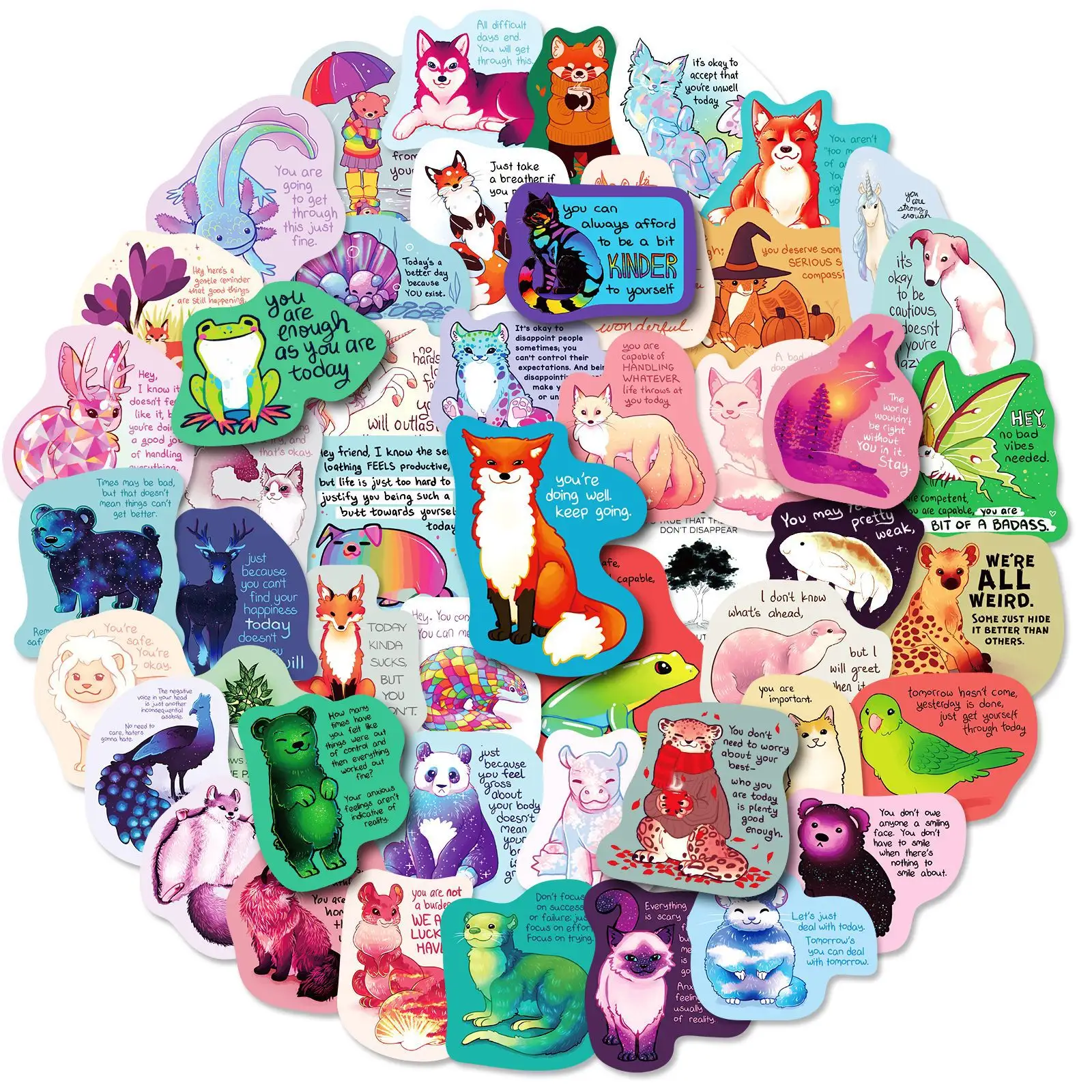 50pcs/bag Cute Animals with Inspirational Words Mental health reward stickers PVC Vinyl Removable Stickers