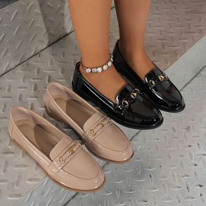 Wholesale Women Patent Leather Loafers with Gold Buckle,Comfortable <b>Flats</b> Slip-On Office Casual Shoes for Ladies - Product Image 1
