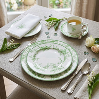 Service de table vintage en porcelaine fine motif muguet vert, assiette de présentation florale en céramique, tasse à café et bol en porcelaine pour mariage