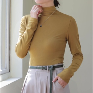 Camiseta Modal de Cuello Medio Alto para Mujer, Prenda Exterior Fina y Delgada de Color Liso, Top de Manga Larga, Camiseta de Moda - Product Image 3