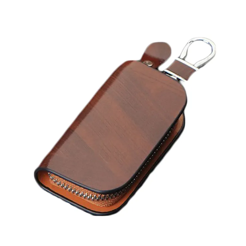 Creative Wood Grain Vintage Fashion Keychains Men Women Accessories Mini Protective Shell Genuine Leather Car Key Case