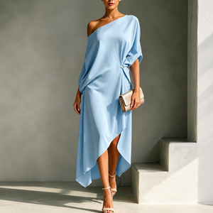 Robe longue asymétrique à une épaule pour femme, élégante, drapée, à ourlet asymétrique, pour soirée et <span class=keywords><strong>vacances</strong></span> - Product Image 2