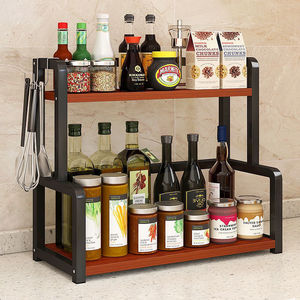 Estante de Especias de Dos Niveles para Cocina con Abrazaderas Metálicas de 35 cm, Organizador de Condimentos Multiusos de Madera de Nogal Negro - Product Image 1