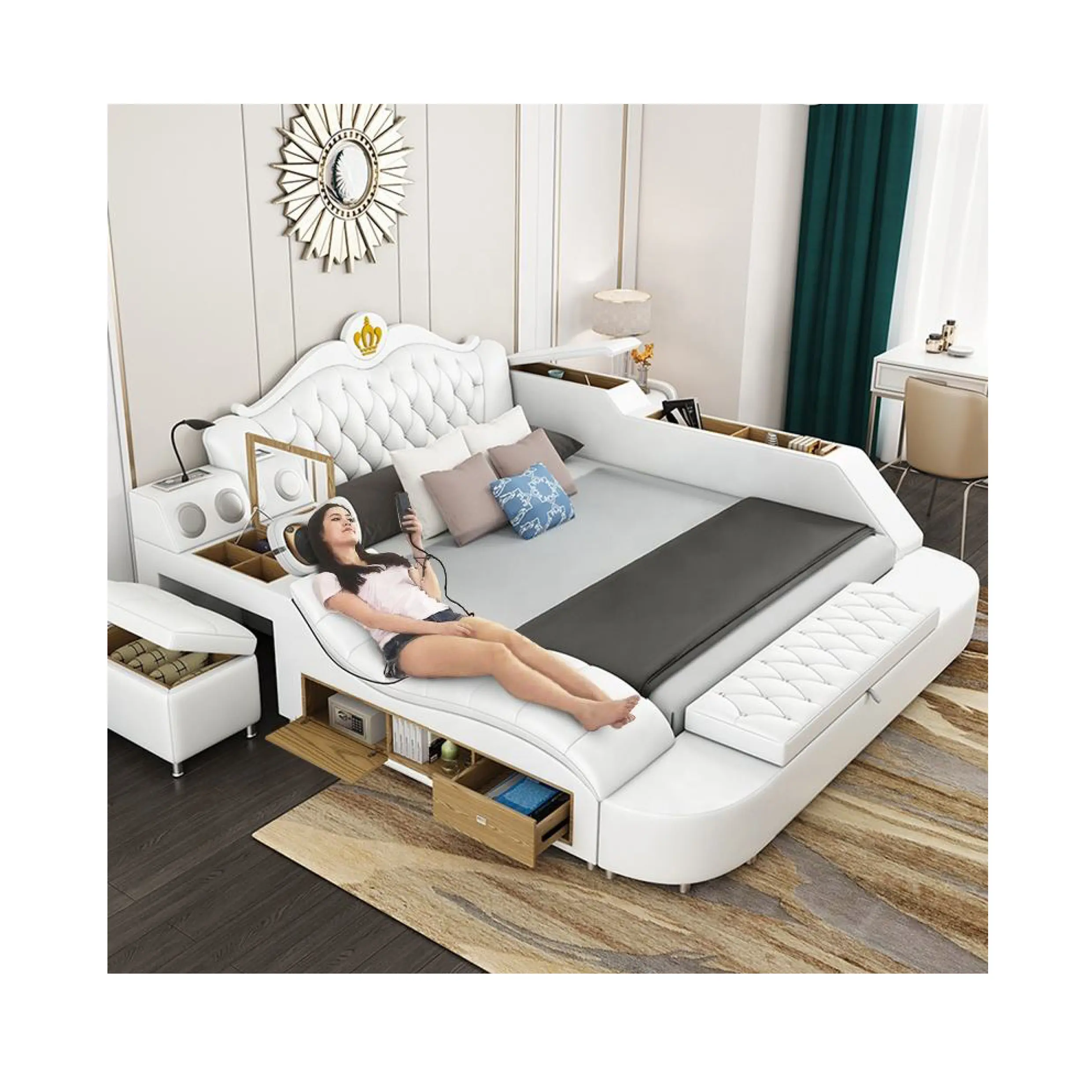الجلود السرير الحديثة ستايل لل نوم الأثاث متعددة الوظائف جلد أبيض مع تخزين سرير تدليك كهربي