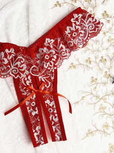 String pour femme, broderie florale romantique, entrejambe ouvert, dentelle transparente, nœud, confortable, sexy, sans couture, nylon/spandex - Product Image 4