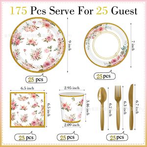 Floral Series <b>Disposable</b> Tableware Set Paper <b>Plates</b> Cups Napkins Gold Trim Party Supplies Kit - Product Image 2