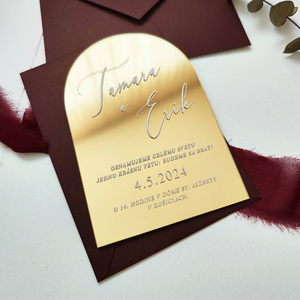 Tarjeta de invitación de boda acrílica arqueada con espejo de lujo personalizada, sobre negro, invitaciones de compromiso para parejas modernas - Product Image 2