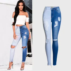 デニムジーンズファッションジーンズ女性2021卸売ハイウエストツートーン伸縮性破れたスキニーフィットレディースペンシルパンツハイストリート30