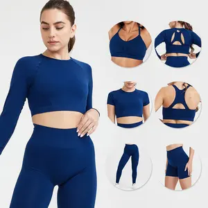 Grosir Set Bra olahraga lengan panjang & pendek, Set 6 potong Bra kebugaran Gym tanpa kelim & pakaian Yoga