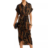 Robe midi pour femme, de qualité supérieure, design d'usine, en satin floral tissé naturel, à col chemise, manches courtes, avec ceinture à nouer, imprimé personnalisé, pour le quotidien