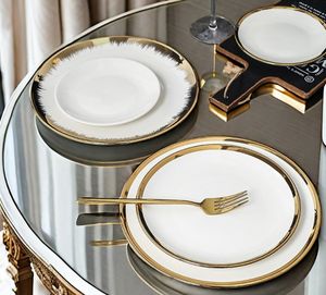 Artículo Popular al por Mayor Platos Elegantes de Cerámica Blancos con Borde Dorado para Cena, Ensalada y Postre, Vajilla de Porcelana para Uso Doméstico - Product Image 3