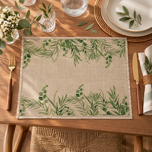 Set de table en lin de qualité supérieure avec imprimé de feuilles botaniques vertes |   Tapis de table décoratif rustique naturel - Product Image 3
