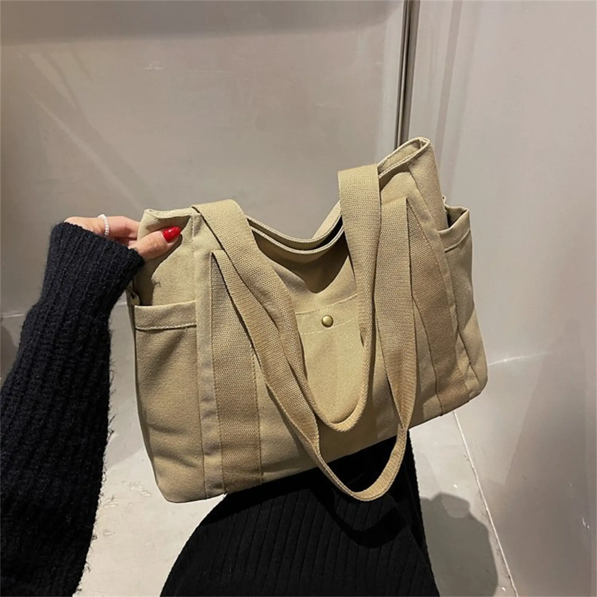 Minimalist tasarım kadın rahat kalın kanvas çanta katı beyaz kullanımlık alışveriş çantası bakkal omuzdan askili çanta