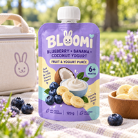 Pochette à bec verseur personnalisée, refermable et réutilisable pour aliments pour bébés, 120g, purée de myrtille, banane et yaourt à la noix de coco