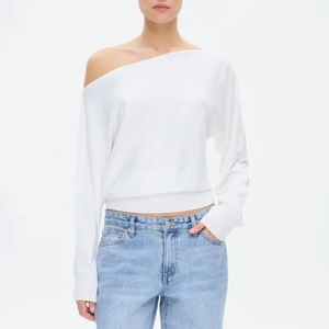 Maglietta asimmetrica con spalle scoperte in maglia a maniche lunghe Casual Crop <span class=keywords><strong>monospalla</strong></span> da donna con tecniche ricamate traspiranti - Product Image 1