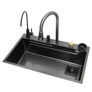 Mutfak lavabo siyah tek Modern paslanmaz çelik şelale mutfak lavaboları akıllı 304 paslanmaz çelik mutfak lavabosu