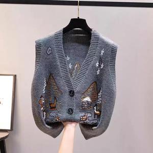 <strong>Women</strong> Embroider Retro Knit Vest Button Knitwear V-neck Sweater <strong>Cardigan</strong> Tops <strong>Sleeveless</strong> Fashion Autumn Casual Vest - Product Image 4