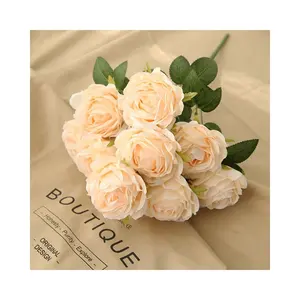 RG-636 Artificial 10 Heads Rose Bouquet Silk Bulk White Pink Rose Bouquet for Event Wedding Decoration