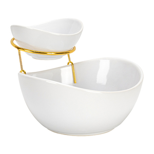 Ciotole per Insalata e Frutta in Porcellana <span class=keywords><strong>a</strong></span> 2 Livelli con Supporto in Acciaio Inox, Design Dew, Vendita Calda 2023 - Product Image 1