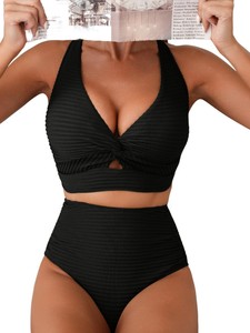 Ensemble de bikini texturé pour femme avec haut torsadé à l'avant et bas taille haute, idéal pour la plage et les activités aquatiques en extérieur - Product Image 6