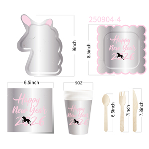Ensemble d'assiettes en papier DAMAI personnalisées rose argenté pour le Nouvel An 2026, comprenant une assiette en papier et un gobelet modèle licorne pour la fête du Nouvel An - Product Image 6