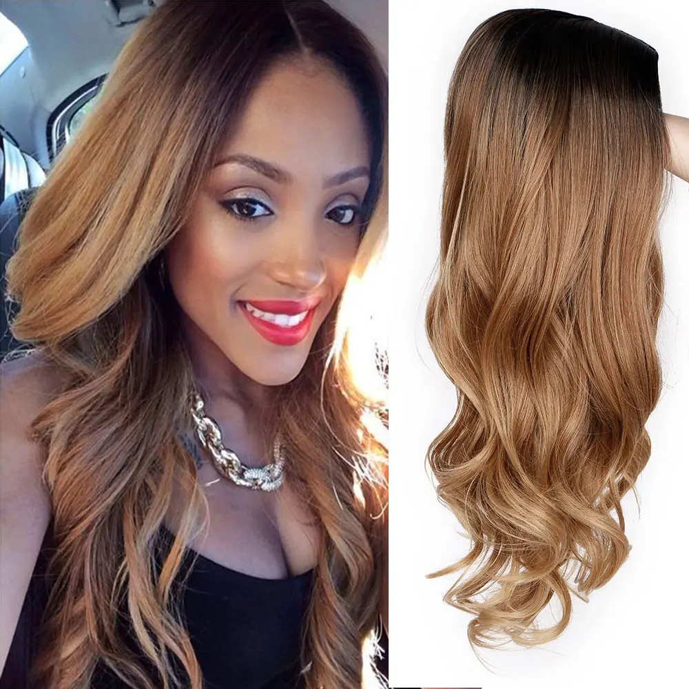 Vigorous-extensiones de cabello sintético para mujeres negras, cabello largo ombré marrón ondulado con Clip, resistente al calor, venta al por mayor