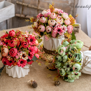 Juego de Rosas Artificiales en Maceta de Cerámica con Rayas Nórdicas, Florero Decorativo con Cuerda de Cáñamo para Mesa de Centro o Estante - Product Image 1