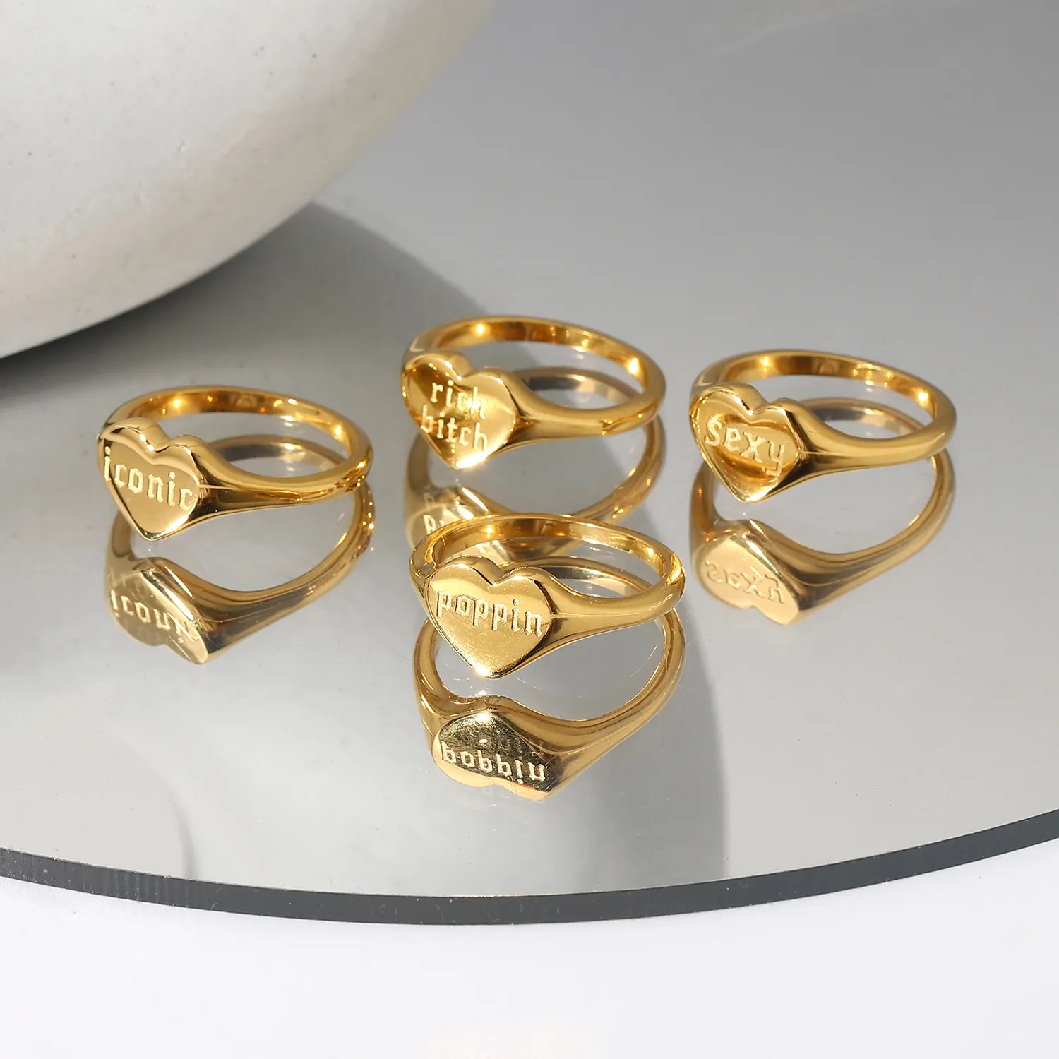 Engraved initial Word Rings Stainless Steel Jewelry rich bitch iconic poppin 18K Gold PVD Titanium Steel Heart Lettered Ring