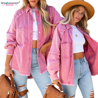Vente en Gros Automne Vestes Surdimensionné Décontracté en Détresse Manches Raglan Brut Frange Jean Shacket Lavé Denim Veste Femmes