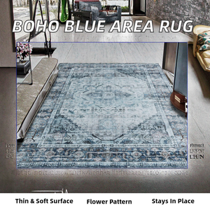 Tapis de luxe vintage bohème à poils coupés et courts, imprimé floral, antidérapant, 5x7, bleu, en polyester, lavable, moderne, pour salon, lavable en machine - Product Image 2