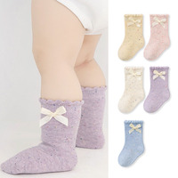 Chaussettes en coton peigné pour bébé nouveau-né de 0 à 8 ans, avec nœuds pour filles, couleur unie, chaussettes bébé sans couture, printemps été