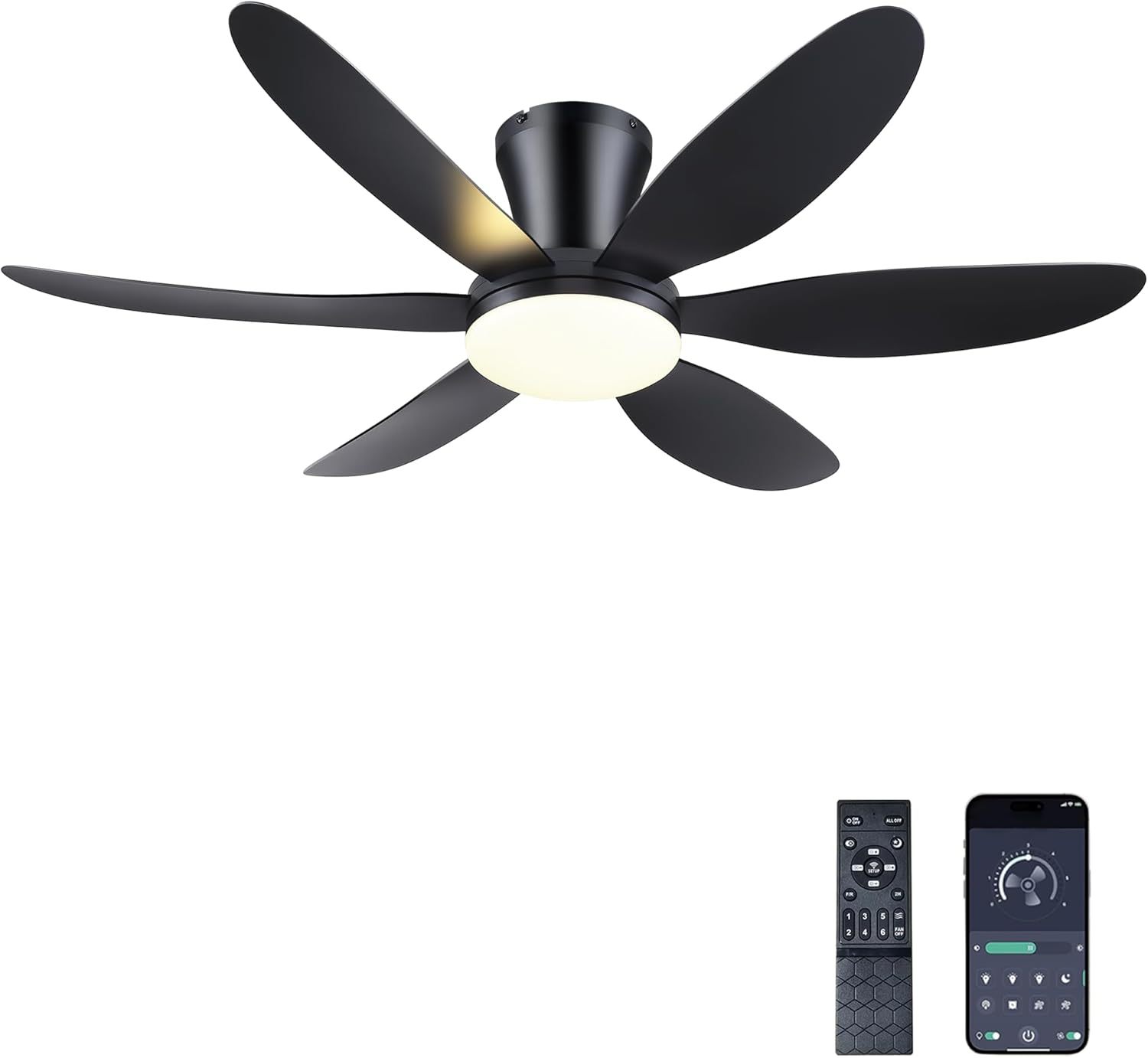 42 Inch Modern Indoor Ceiling Fan with LED Light 6 Speed Remote Dimmable 30W DC Motor IP44 Black 6 ABS Blades Flush Mount