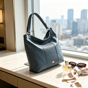 Blue Soft Leather Shoulder Bag Central Embossed Panel Adjustable Strap <b>Large</b> <b>Handbag</b> - Product Image 5