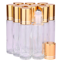 Flacon roll-on en verre transparent de 10 ml pour huile et parfum, avec bille et couvercle doré en métal
