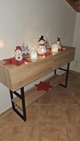 Table console en bois gris avec 2 tiroirs, cadre en métal noir, étagère inférieure réglable, table pour couloir, chambre à coucher, entrée
