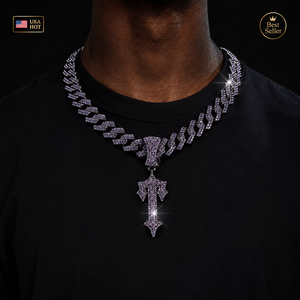 Chaîne Cubaine Noire 15 mm Iced Out, Chaîne Lien Hip Hop avec Collier Pendentif Épée <span class=keywords><strong>en</strong></span> Strass Violets, Collier Plaqué Or - Product Image 1