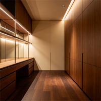 Système de dressing contemporain avec éclairage LED, couleur noyer, qualité E0, sur mesure, avec coiffeuse miroir intégrée